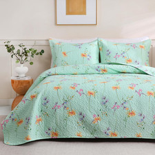 Green Floral Quilt Set Full Queen, Microfiber Quilted Blanket  3 Piece Botanica