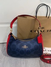 NWT CAL52 Shoulder Bag Hobo Bag In Signature Canvas Denim/Bold Red