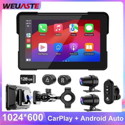 7'' Portable Touch Screen Motorcycle Navi CarPlay Android Auto Dual 2K Dash Cam