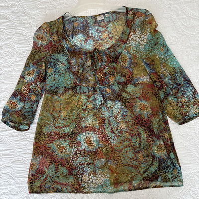 Esprit Jungle Animal  Print Sheer Tunic Top Women s Size XL Boho Holiday