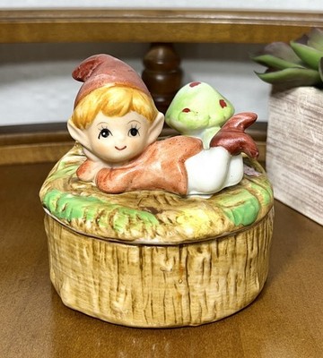 Vintage HOMCO 5404 Boy Pixie Elf Mushroom Round Trinket Dish Lidded Fairy Jar 3''