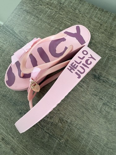 NIB JUICY COUTURE K104B Bow Thong Wedge Sandals Flip Flops Pink Size 6M - Picture 2 of 5