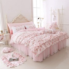 Romantic Roses Print Duvet Cover Set with Bed Skirt Pink Lace Ruffle Floral S...