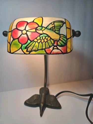 Tiffany Style Table Desk Lamp Stained Glass Hummingbird Hibiscus Accents