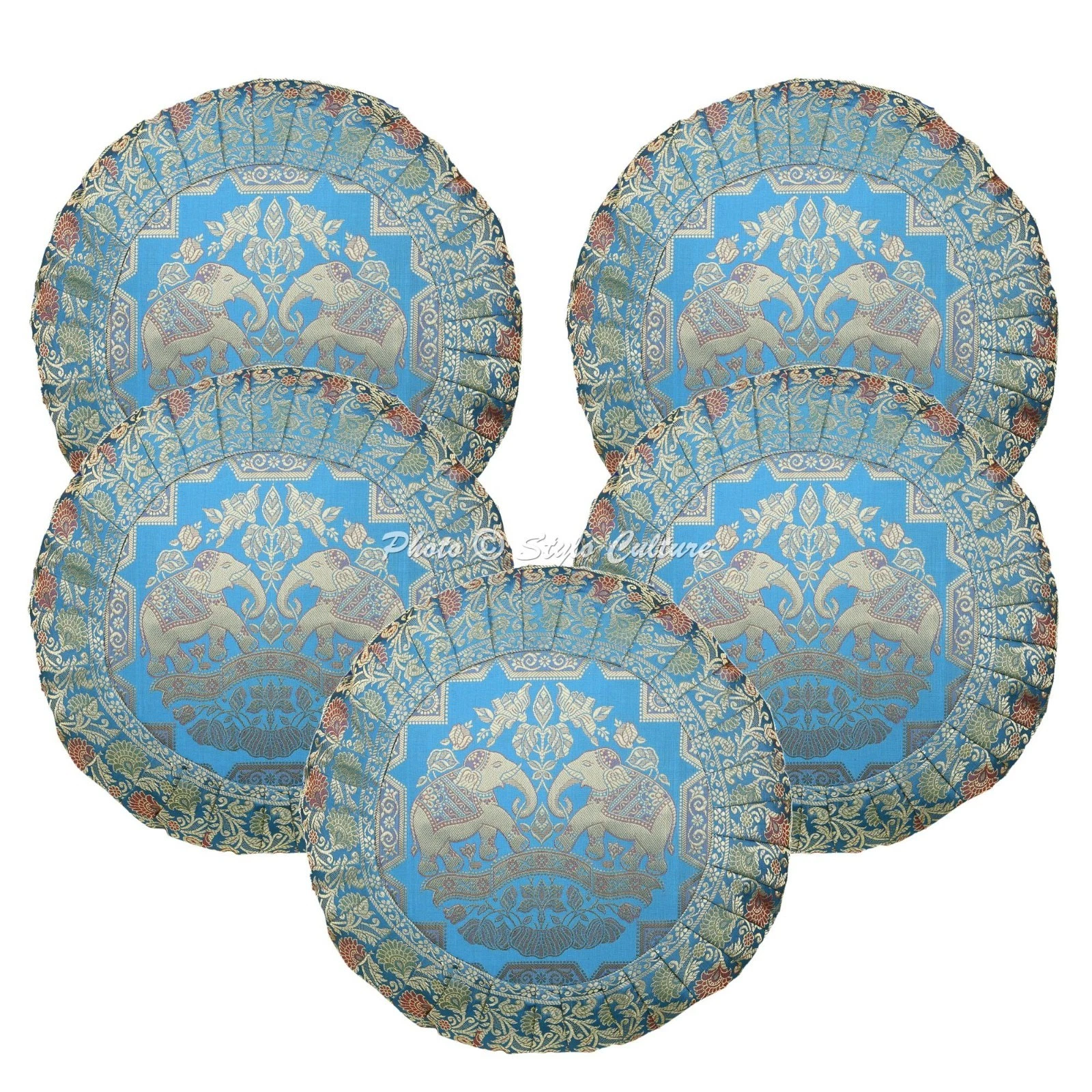 Decorative Brocade Throw Pillow Covers Jacquard Pleated Turquoise Elephant Decor