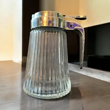 Vintage 6oz. Pressed Glass Syrup Pitcher - Metal Spring Lid Diner Style