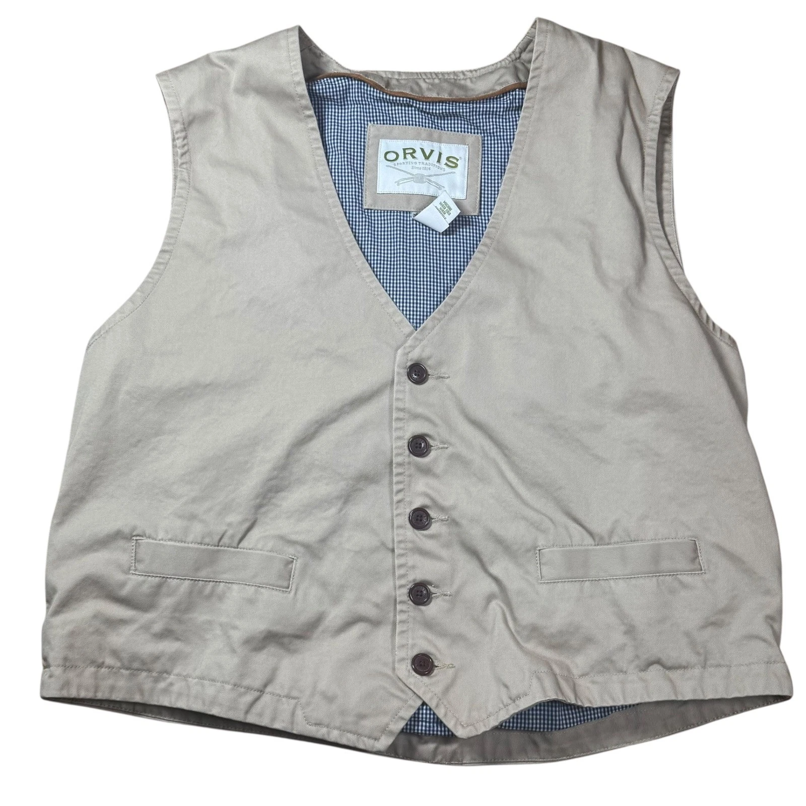 ORVIS Mens XL Tan Utility Fishing Vest Plaid Lined Adjustable Waist Pockets
Opens in a new window or