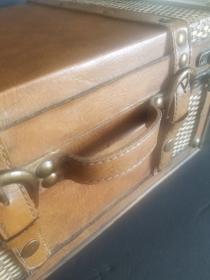 Caja de almacenamiento grande de madera dura, cuero, ratán con doble correa estilo baúl 13 x 9 x 7" Foto 4 de 4