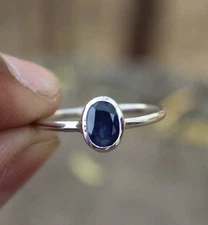 Natural Blue Sapphire Gemstone Simple Promise Ring 925 Sterling Silver Ring