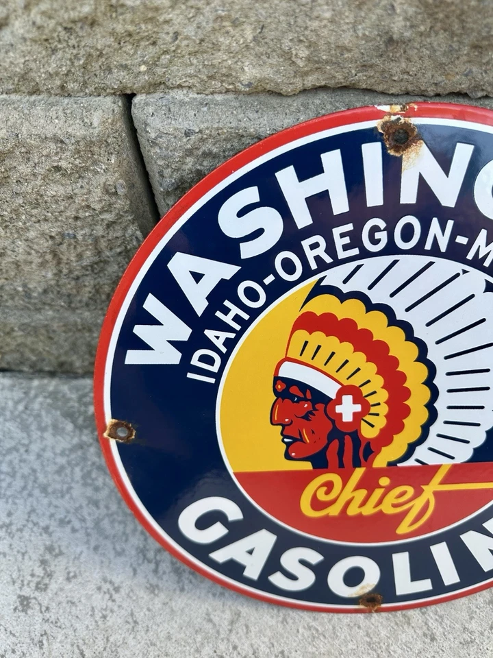 Vintage Washington Gasoline Sign Indian Chief Gas Motor Oil Pump Porcelain Sign - Image 2 of 4