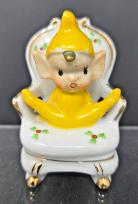 Vintage 1950s MCM Japan Ceramic Yellow Pixie Elf Holly Chair Gold Trim Figurine