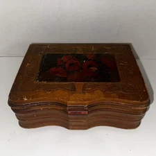 Vintage Faux Wood Ceramic Sewing Box w/ Thread & Thimble Design Japan 1950s