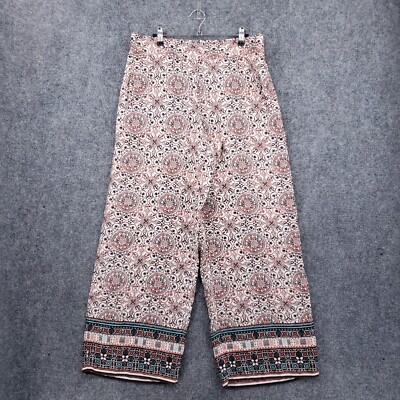 Monsoon Pants Womens 10 White Orange Trouser Wide-Leg Boho Pull On Silk Blend