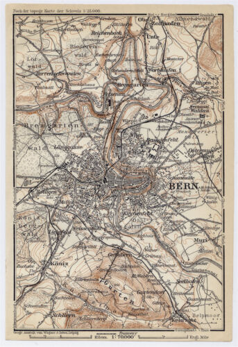 1930 ORIGINAL VINTAGE MAP OF VICINITY OF BERNE BERN / SWITZERLAND