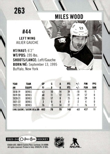 MILES WOOD 2023-24 O-Pee-Chee Base #263 NHL NJ Devils  ID:96189 - Picture 2 of 2