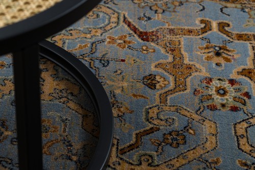 Oriental NATURAL WOOL Rugs "KESHAN" fringe vintage Ornament frame beige / blue - Picture 4 of 9