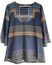 Multiples Tunic Blouse Womens Size S Blue Pattern 3/4 Sleeve Geometric Pattern