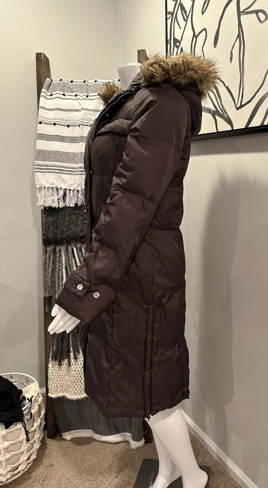 Michael Kors parka piumino donna M cappotto invernale cappuccio con bordo pelliccia marrone