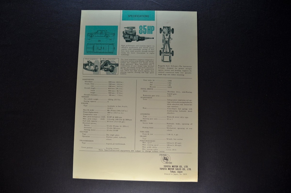 1962-1963 Toyota Crown Sedan RS40 Sales Brochure Sheet Excellent