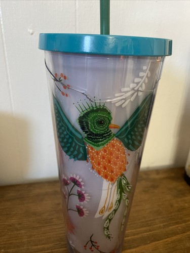 Starbucks Quetzal Bird Flowers Floral Acrylic Tumbler Venti 24 Oz Teal Lid FLAW - Picture 9 of 12