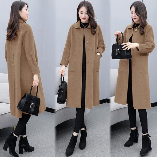 Women Woolen Mid Length Coat Lantern Sleeve Button Jacket Elegant Trench Outwear - Bild 4 von 17