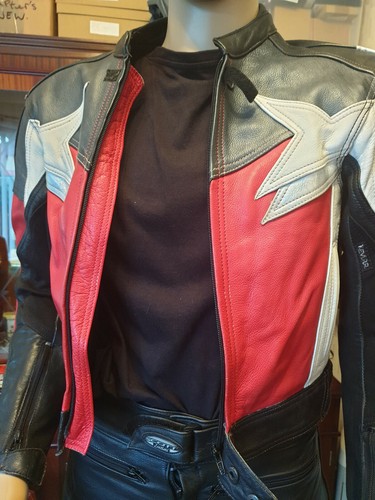 ashman genuine leather motorcycle jacket & trousers in red & black uk 40.unisex. - Picture 2 of 12