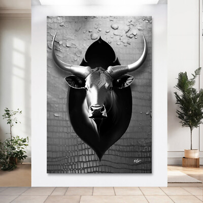 Stier Leinwand Bild Stierkopf 3D Silber Abstrakt Wandbilder XXL Wohnzimmer 4941A