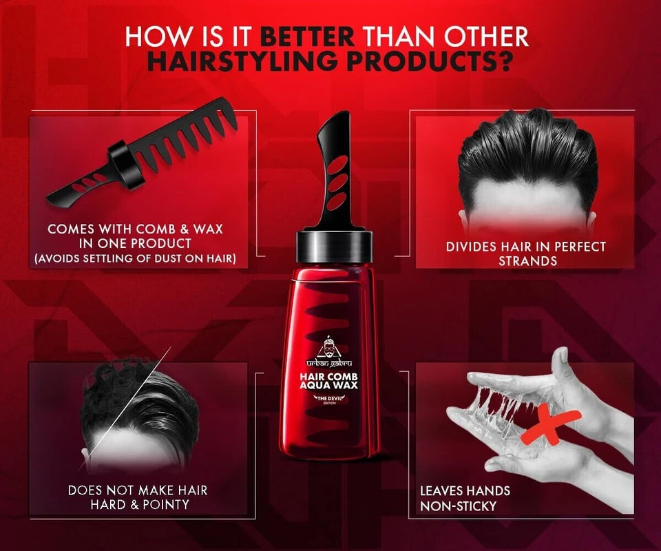 Urbangabru Hair Comb Aqua Wax (260ml) Strong Hold Wet look 2-in-1 Men Hair Style - Image 3 of 4