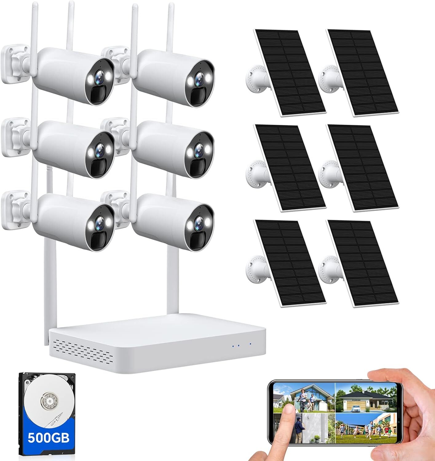 6Pcs 4MP Solar-Powered Wireless Outdoor Security Camera System WiFi Home