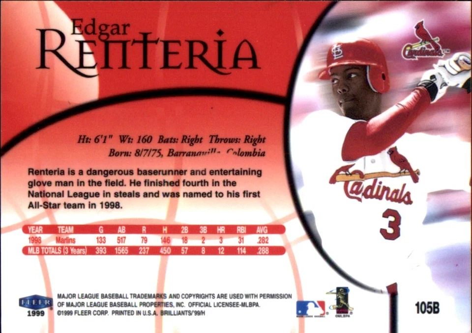 1999 Fleer Brilliants BLUE #105 Edgar Renteria ST. LOUIS CARDINALS - Image 2 of 2