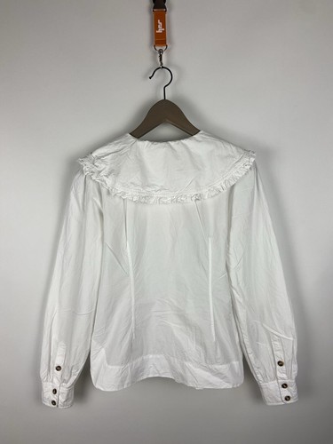 PVP $205 GANNI Camisa Blanca Algodón Gran Tamaño Cuello con Volantes Talla 38 - Imagen 2 de 19