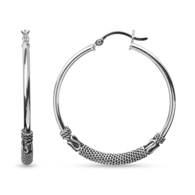Real 925 Sterling Silver  Oxidized Balinese LARGE Hoops Earrings for Women 38 mm