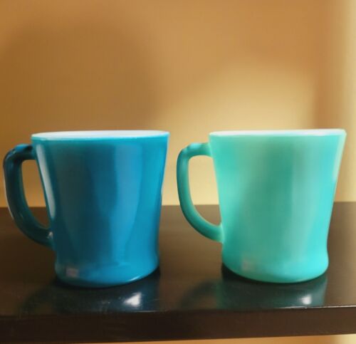 2 RARE FIRE KING TEAL & FIRED ON TEAL D HANDLE MUGS - Picture 1 of 4