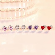 925 Sterling Silver Heart Zircon Stud Earrings for Women   Pink, White, Purple