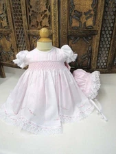 Will'beth Newborn Baby Girl Stunning Smocked Pink Dress Bonnet Lace Pearls NWT