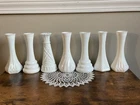 Vtg Lot of  7 White Milk Glass Bud flower Vases 6” various patterns