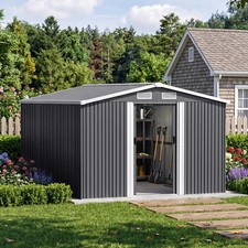 8 x 8FT Large Galvanised Metal Garden Storage Shed with Sliding Door,Dark Grey