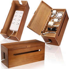 Wooden Cable Management Box Double Layer Cord Organizer with Lid Large Walnut