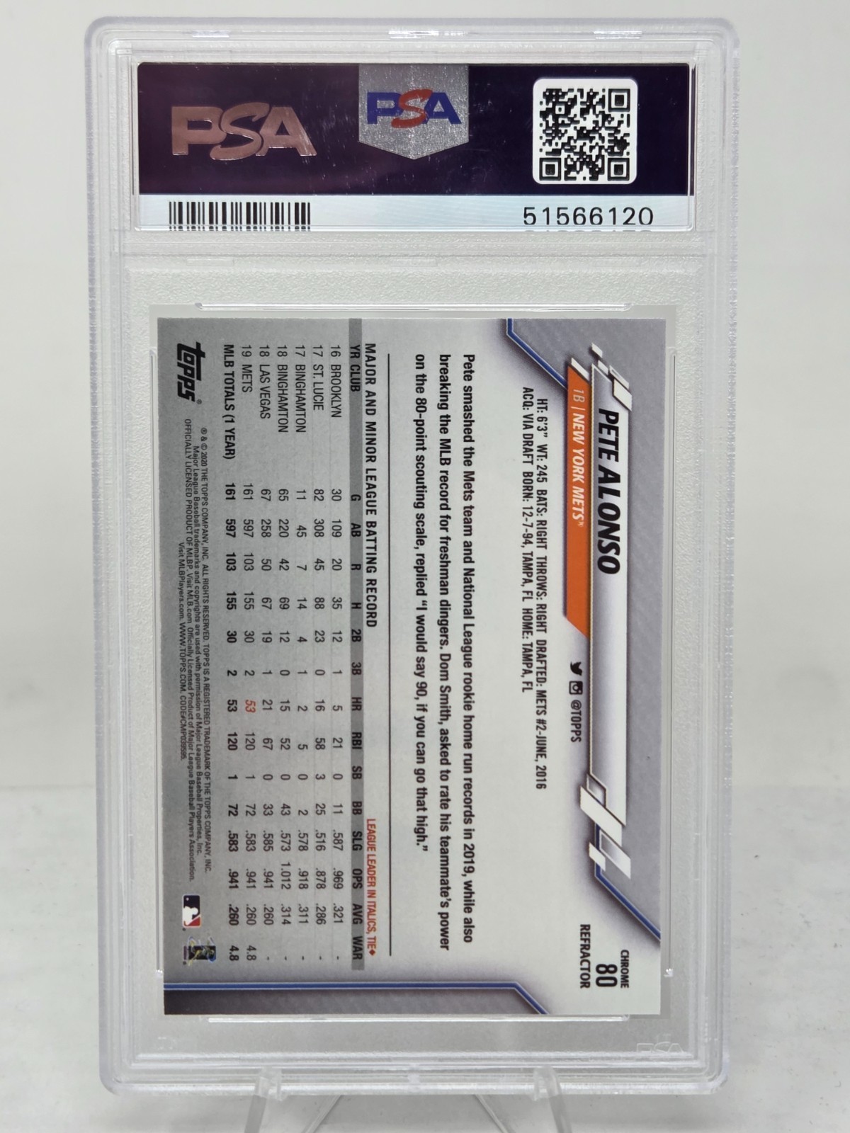 2020 Topps Chrome Refractor PETE ALONSO CARD PSA 10 GEM MINT view 2