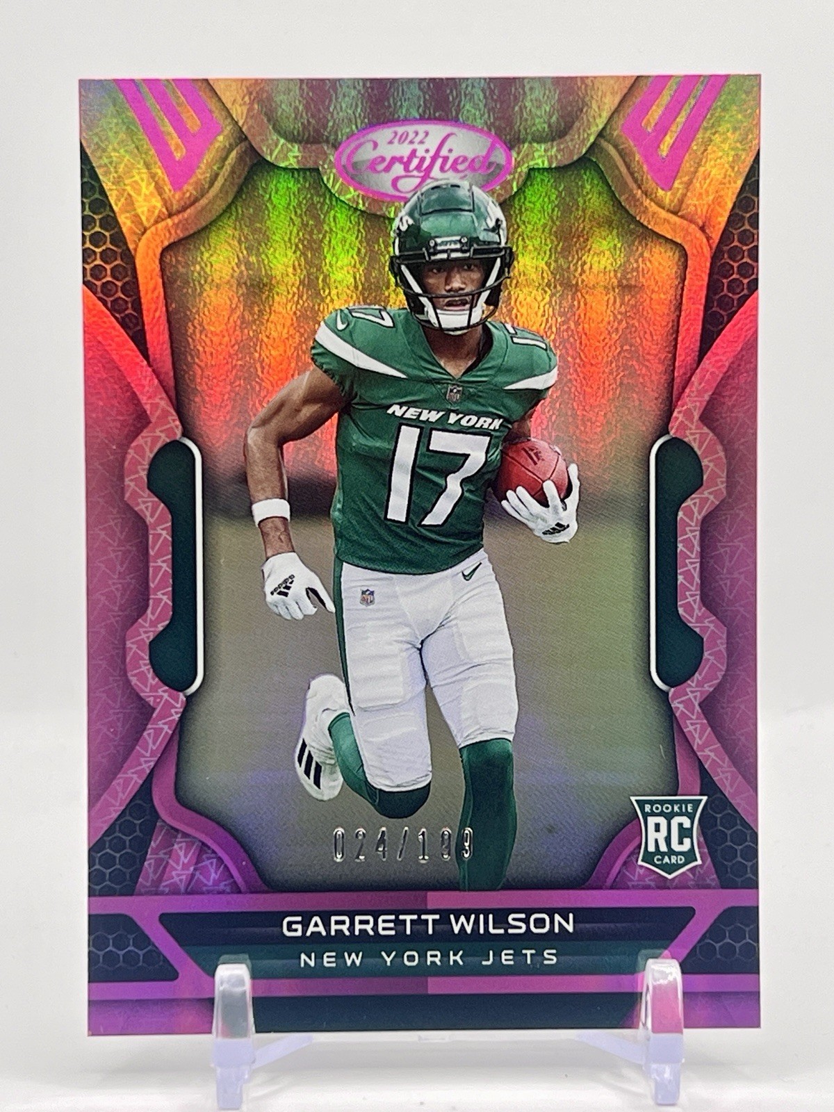 2022 Panini Certified Football Garrett Wilson RC Pink Mirror #’ed/199 Jets #111