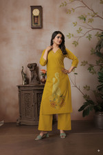 Mustard Yellow Cotton Coord Set with V-neck, 3/4th Sleeve Kurti Pants