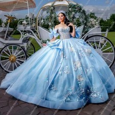 Customized Off Shoulder Light Blue Lace Appliqued Quinceanera Dresses Bow Girls