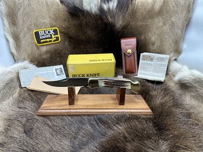 1989 Vintage Buck 110 Hunter With Stag Handles & Leather Sheath Mint In Box Rare