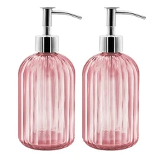 2 Pack Pink Glass Soap Dispenser Bottle with Pump, 14 Oz Refillable Liquid Ha...