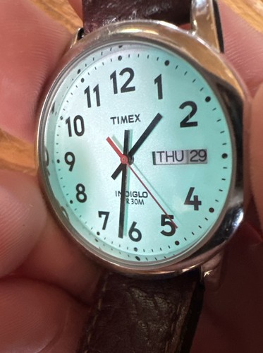 Timex Indiglo WR30M Men's Watch Day Date Silver w/ Leather Strap Works - Picture 1 of 5
