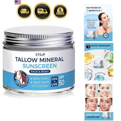 Organic Beef Tallow Sunscreen-SPF 50 with Zinc Oxide,Non-Toxic 2-in-1 Moistur...