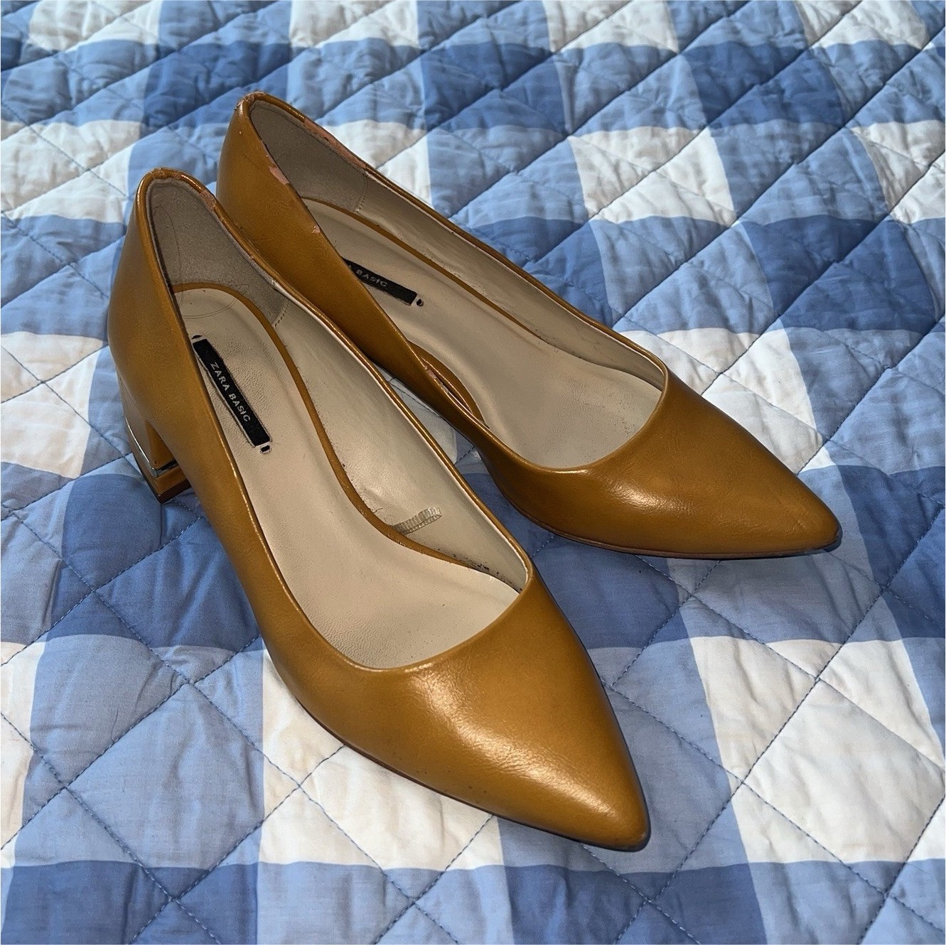 Zara Basic Yellow Leather Pointed Toe Block Heel … - image 1