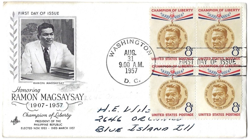 4 '57 FDCs, Ramon Magsaysay, Religious Freedom, Wildlife Conservation, Shipbuild