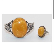 Vintage Sterling Silver Butterscotch Egg Yolk Baltic Amber Bracelet Ring Set