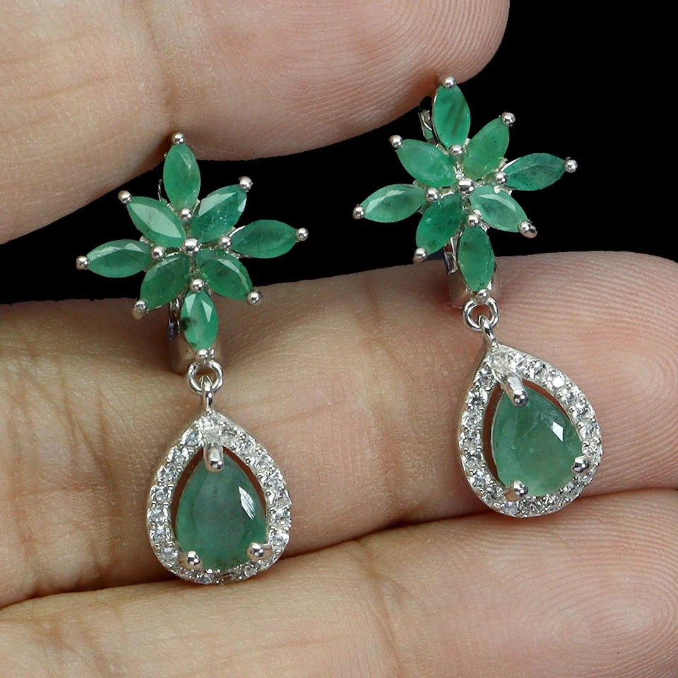 925 Sterling Silber Ohrringe Birne Smaragd 7x5mm Natürlicher Edelstein Schmuck - Bild 2 von 4